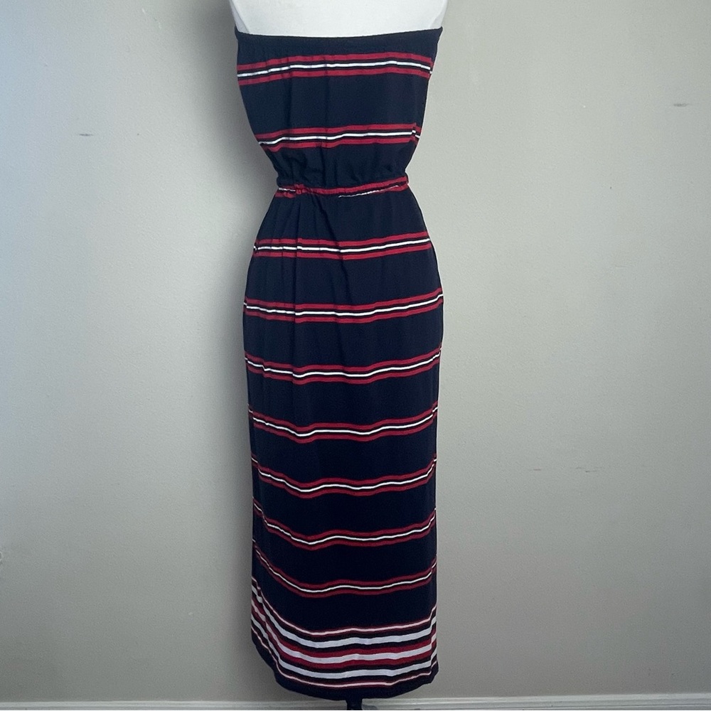 Tommy Hilfiger Strapless Red, White, Blue Striped Maxi Dress with Pockets | M - Picture 5 of 14